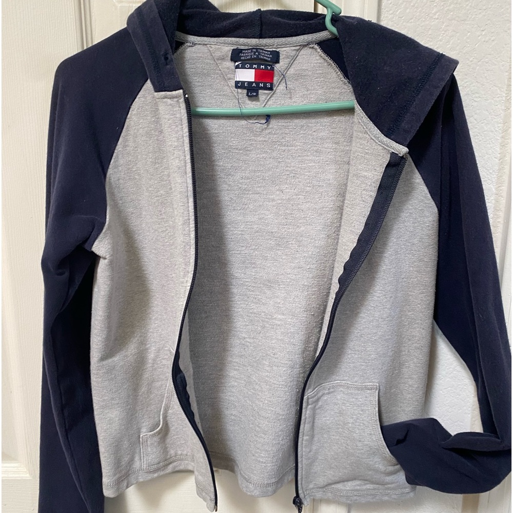 Boys large Tommy Jeans Sweatshirt.  Gray with navy blue sleeves and hoodie.